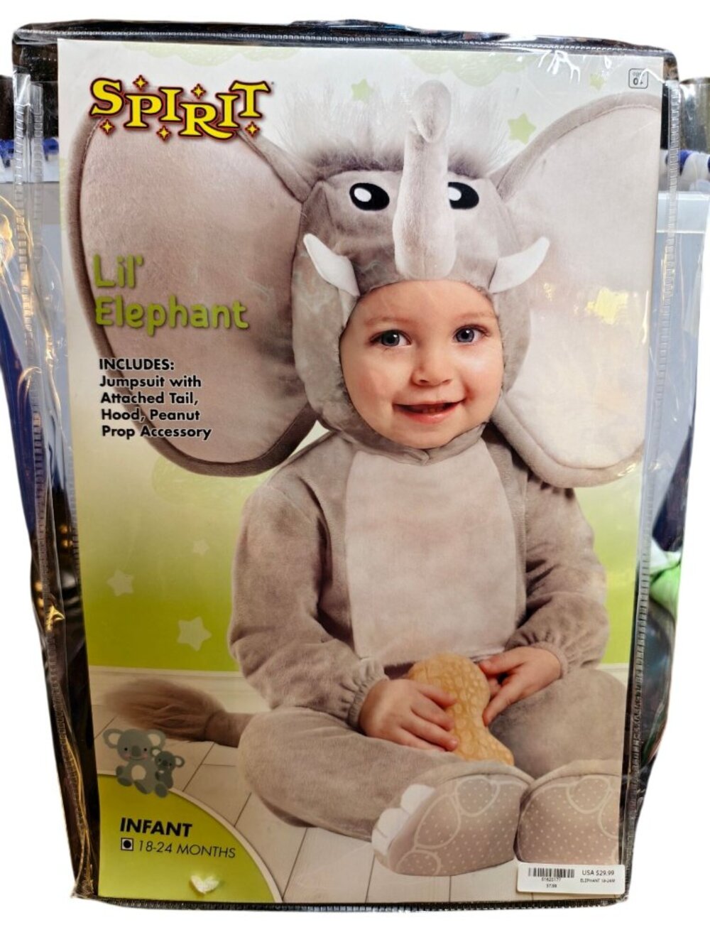 Spirit Halloween Lil Elephant Baby Costume 18-24 Months Hood Tail Peanut Prop - Picture 2 of 5